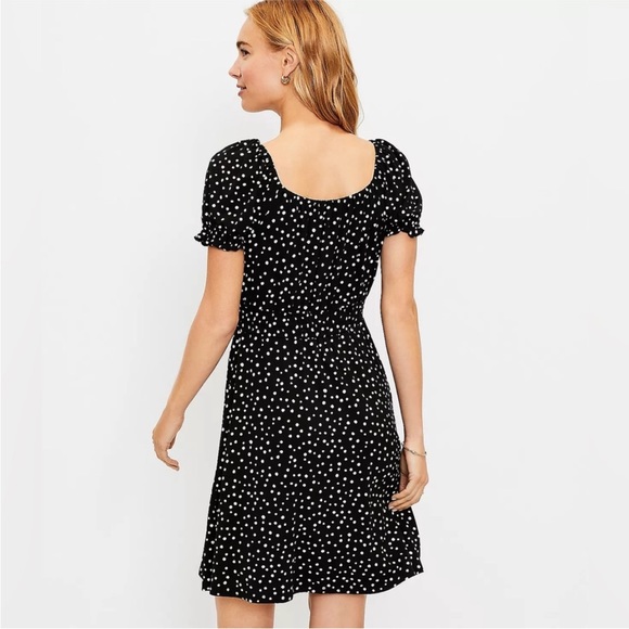 LOFT Zoo Dot Smocked Square Neck Rayon Dress Black and White Polka Dot Size M - Picture 2 of 7